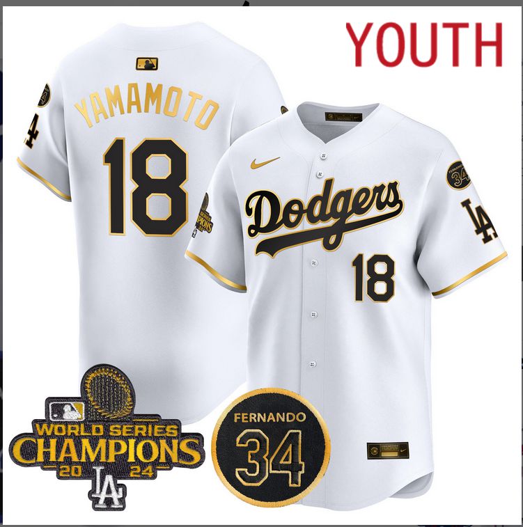 Youth  MLB Los Angeles Dodgers #18 Yamamoto white 2024 World Series Champions Patch Limited Jersey style 5
